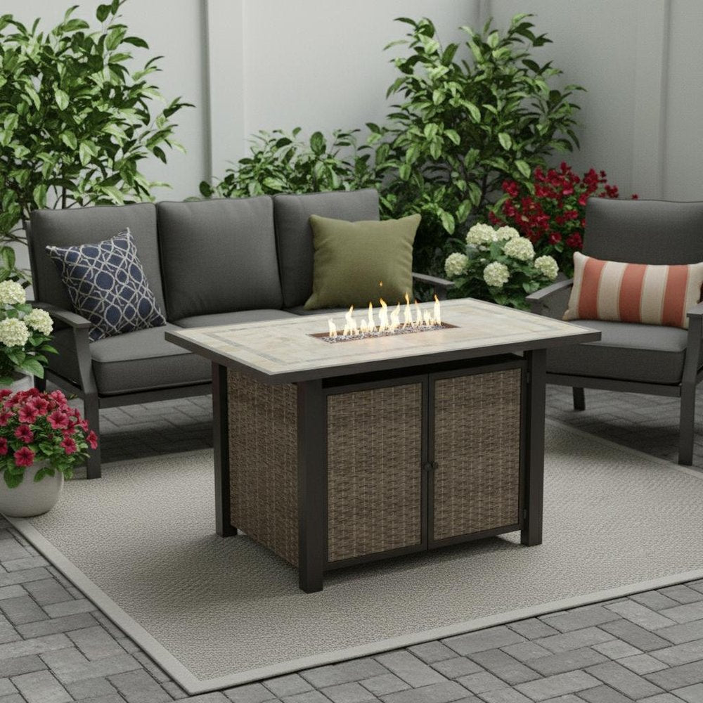 50000 BTU 60" Brown And Clear Glass And Steel Propane Rectangular Fire Pit Table With Cover HomeRoots