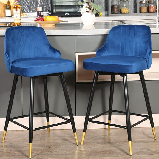 Set of Two 25" Blue And Black and Gold Velvet And Iron Swivel Low Back Counter Height Bar Chairs