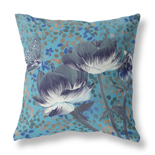 28" x 28" Blue and Green Blown Seam Floral Indoor Outdoor Throw Pillow
