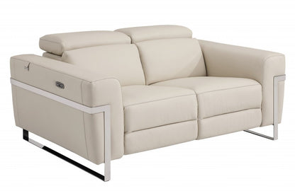 65" Beige And Silver Italian Leather Power Reclining Loveseat HomeRoots