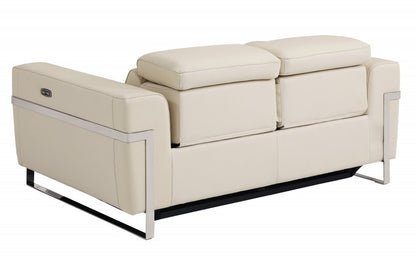 65" Beige And Silver Italian Leather Power Reclining Loveseat HomeRoots