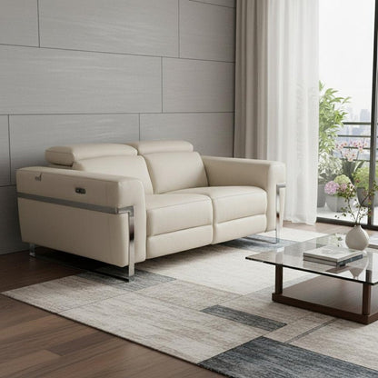 65" Beige And Silver Italian Leather Power Reclining Loveseat HomeRoots