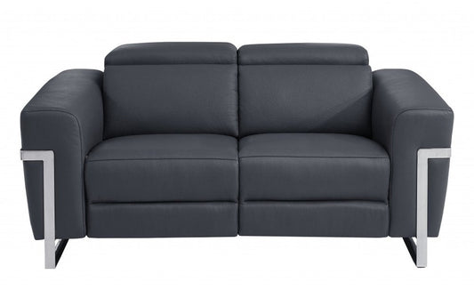 65" Gray And Silver Italian Leather Power Reclining Loveseat HomeRoots