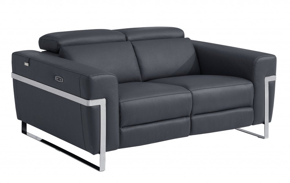 65" Gray And Silver Italian Leather Power Reclining Loveseat HomeRoots