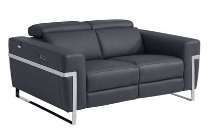 65" Gray And Silver Italian Leather Power Reclining Loveseat HomeRoots