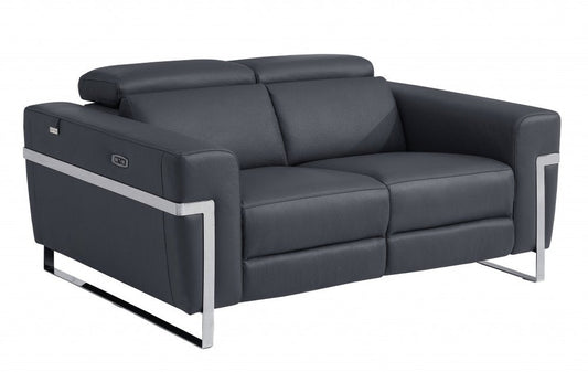 65" Gray And Silver Italian Leather Power Reclining Loveseat HomeRoots