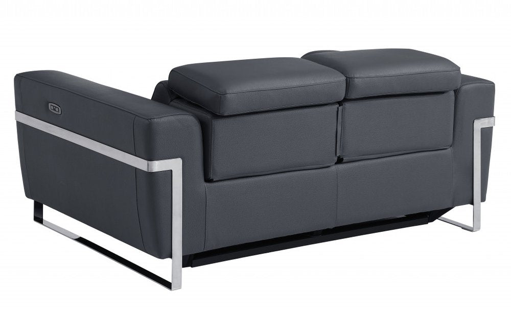 65" Gray And Silver Italian Leather Power Reclining Loveseat HomeRoots