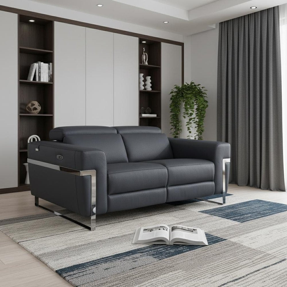 65" Gray And Silver Italian Leather Power Reclining Loveseat HomeRoots