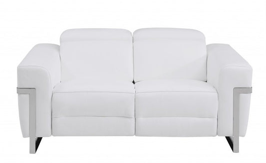 65" White And Silver Italian Leather Power Reclining Loveseat HomeRoots