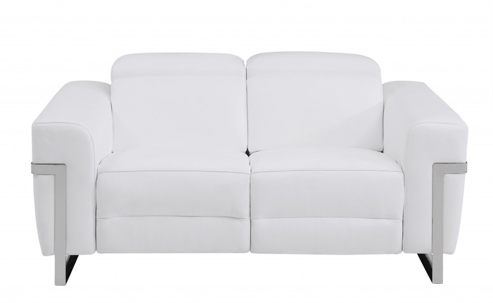 65" White And Silver Italian Leather Power Reclining Loveseat HomeRoots