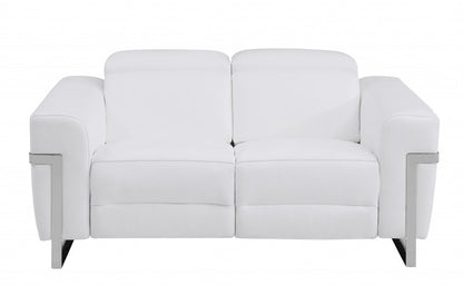 65" White And Silver Italian Leather Power Reclining Loveseat HomeRoots