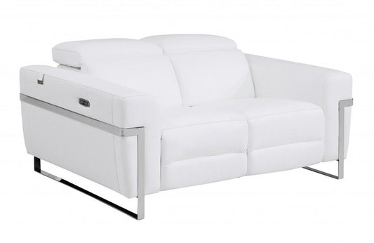 65" White And Silver Italian Leather Power Reclining Loveseat HomeRoots