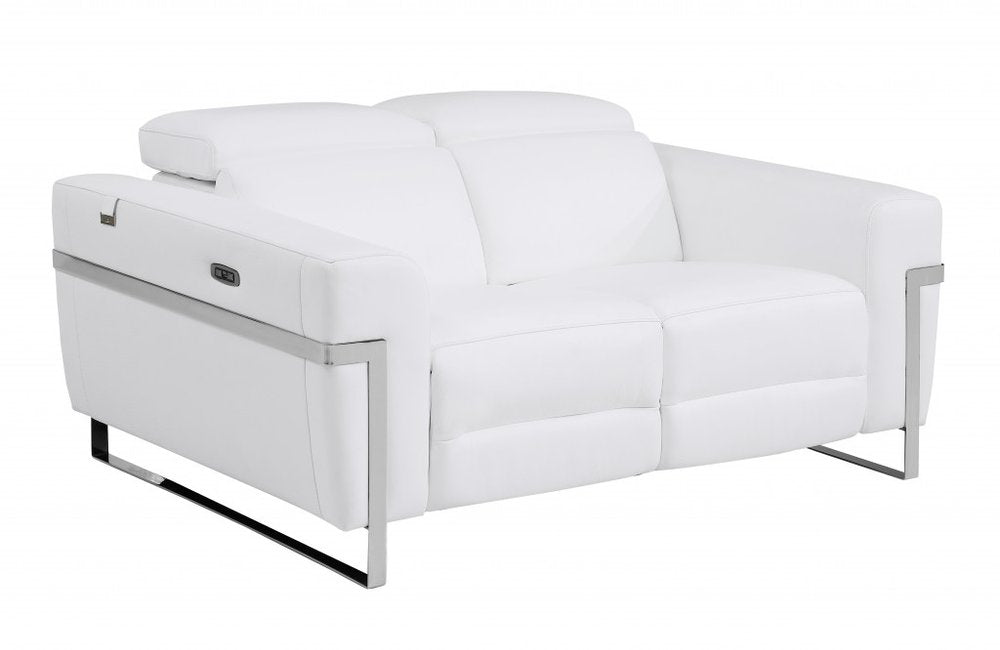 65" White And Silver Italian Leather Power Reclining Loveseat HomeRoots