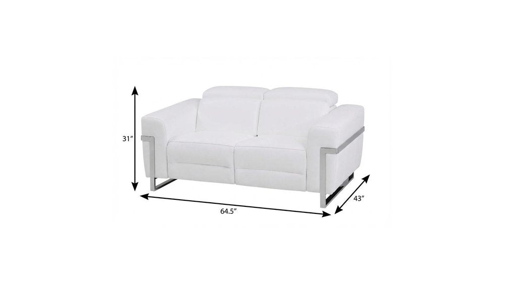 65" White And Silver Italian Leather Power Reclining Loveseat HomeRoots