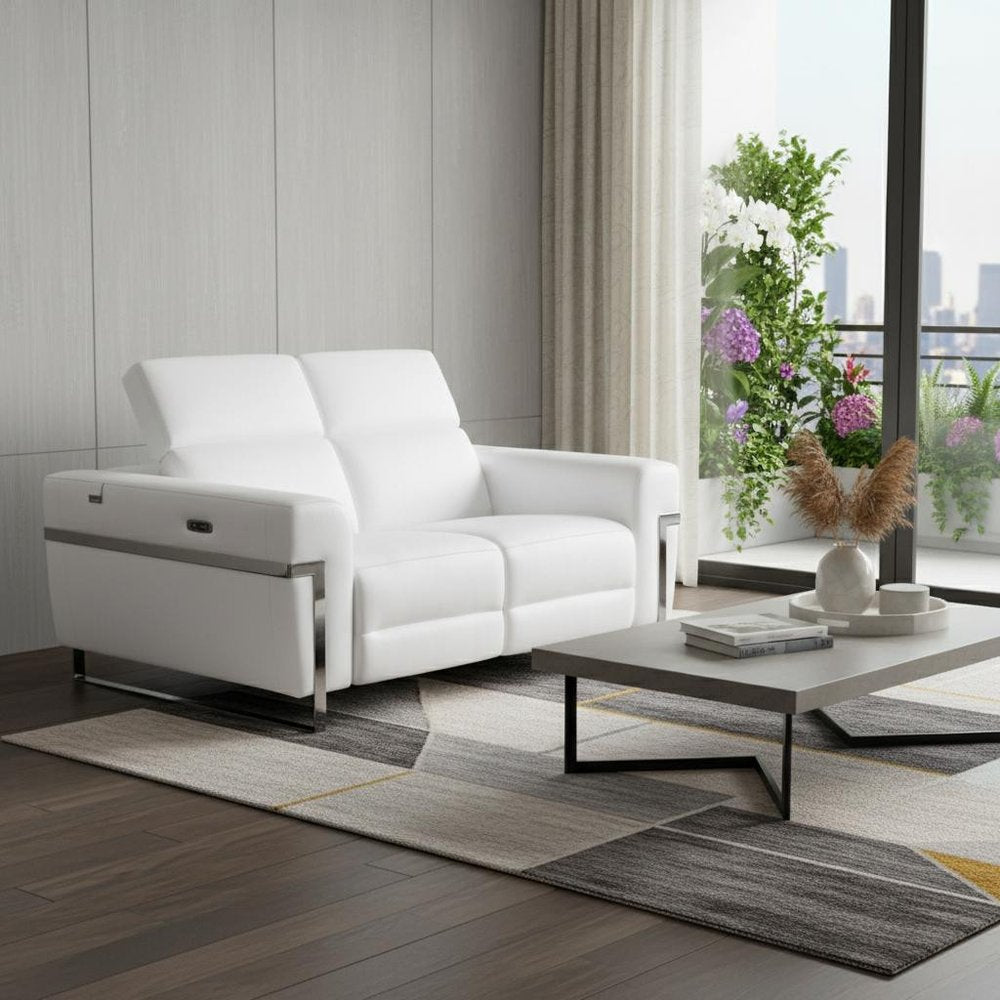 65" White And Silver Italian Leather Power Reclining Loveseat HomeRoots