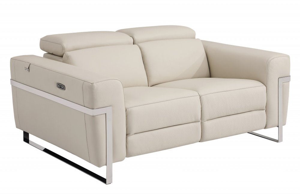 65" Beige And Silver Italian Leather Power Reclining Loveseat HomeRoots