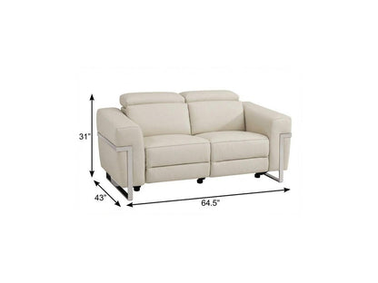 65" Beige And Silver Italian Leather Power Reclining Loveseat HomeRoots