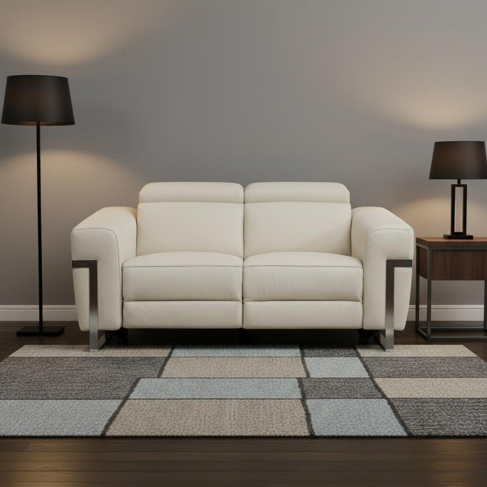 65" Beige And Silver Italian Leather Power Reclining Loveseat HomeRoots