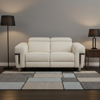 65" Beige And Silver Italian Leather Power Reclining Loveseat HomeRoots