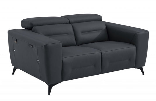 65" Gray And Black Italian Leather Power Reclining Loveseat HomeRoots