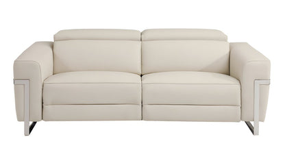 83" Beige Italian Leather USB Reclining Sofa With Silver Legs HomeRoots