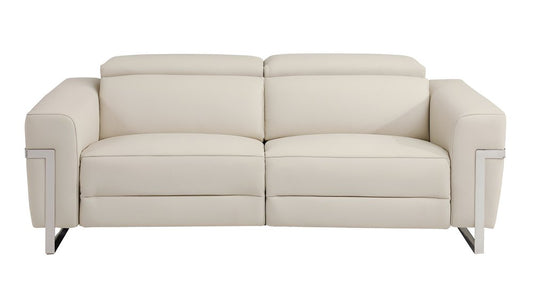 83" Beige Italian Leather USB Reclining Sofa With Silver Legs HomeRoots