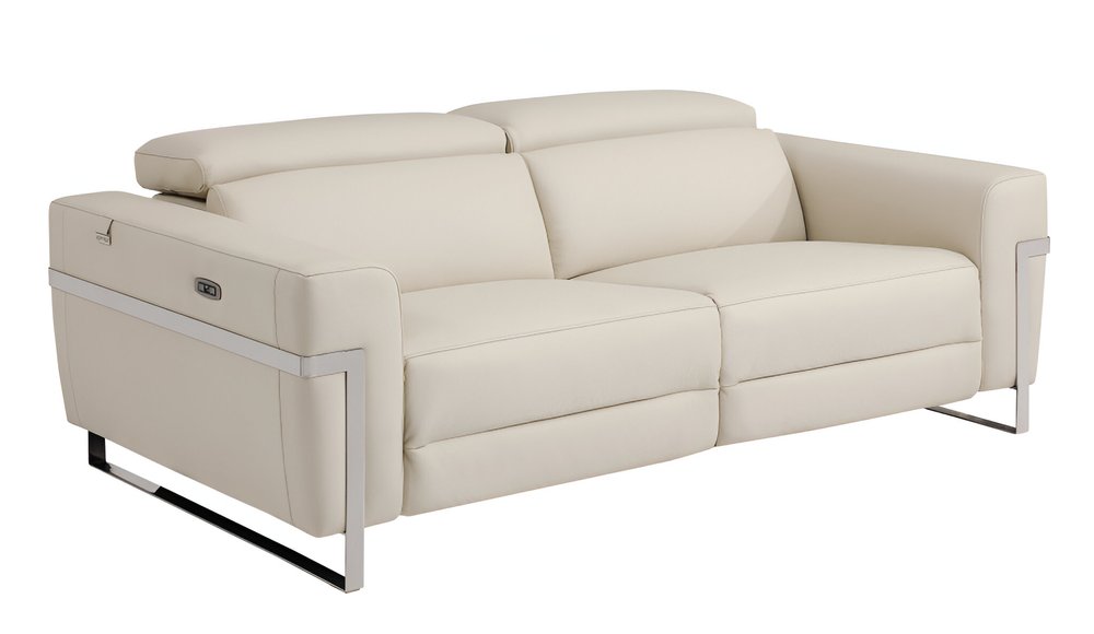83" Beige Italian Leather USB Reclining Sofa With Silver Legs HomeRoots