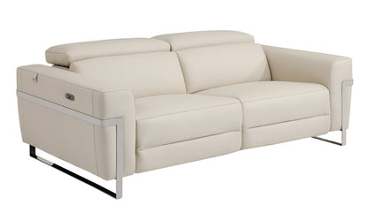 83" Beige Italian Leather USB Reclining Sofa With Silver Legs HomeRoots