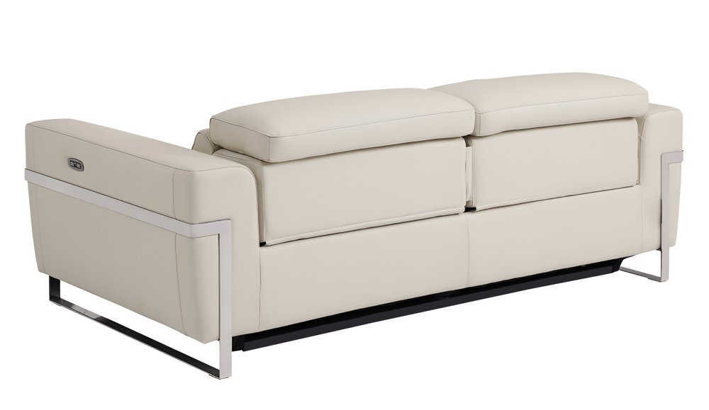 83" Beige Italian Leather USB Reclining Sofa With Silver Legs HomeRoots