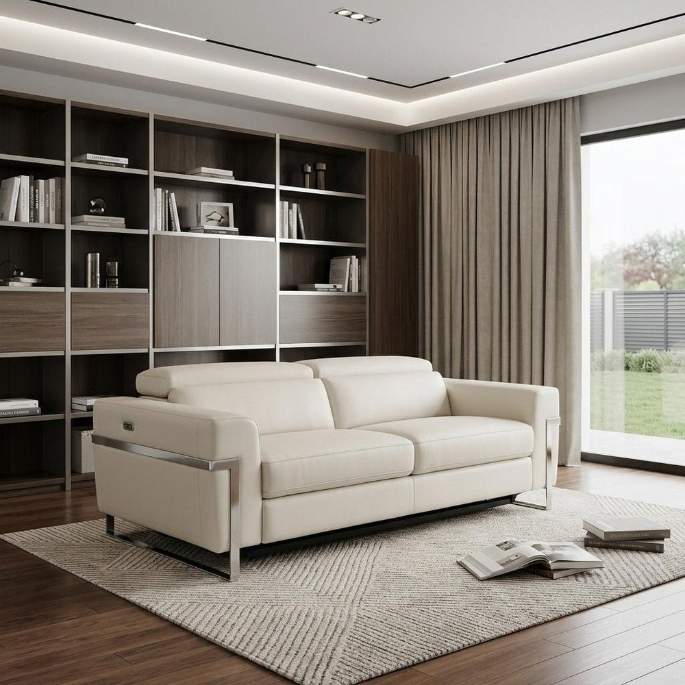 83" Beige Italian Leather USB Reclining Sofa With Silver Legs HomeRoots