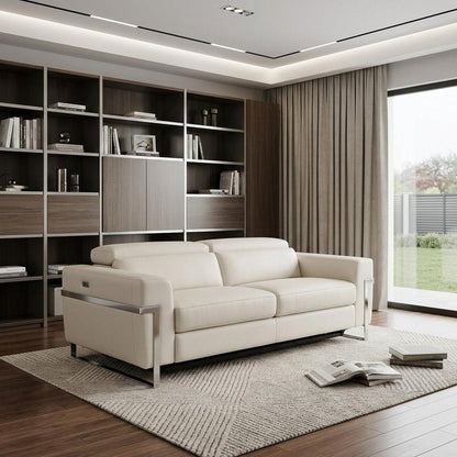 83" Beige Italian Leather USB Reclining Sofa With Silver Legs HomeRoots