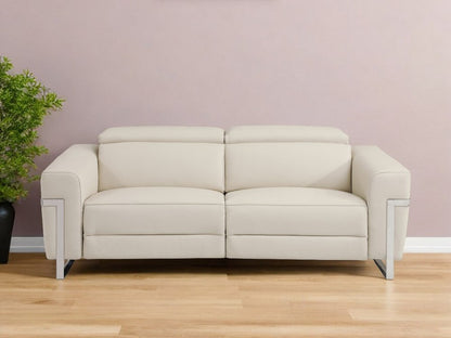 83" Beige Italian Leather USB Reclining Sofa With Silver Legs HomeRoots