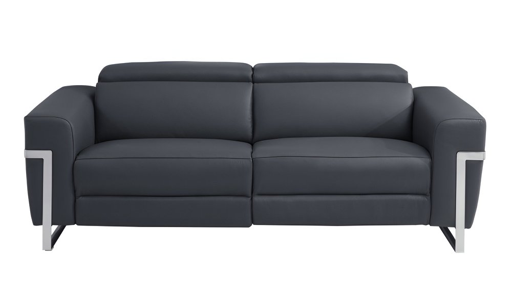 83" Dark Gray Italian Leather USB Reclining Sofa With Silver Legs HomeRoots