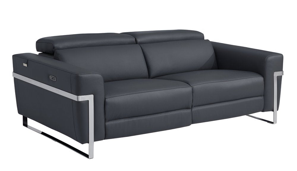 83" Dark Gray Italian Leather USB Reclining Sofa With Silver Legs HomeRoots