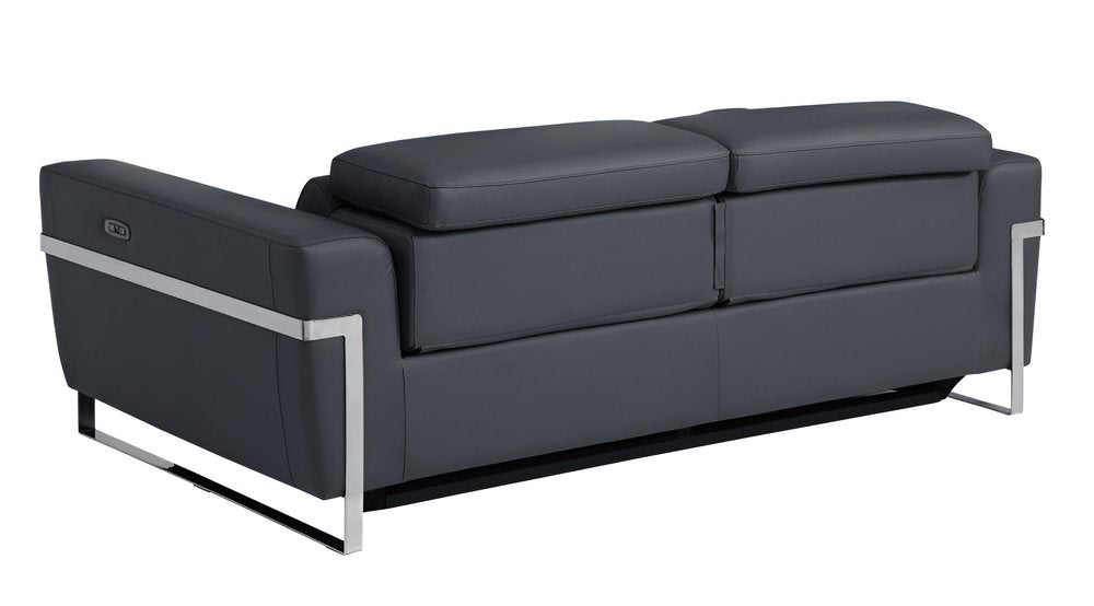 83" Dark Gray Italian Leather USB Reclining Sofa With Silver Legs HomeRoots