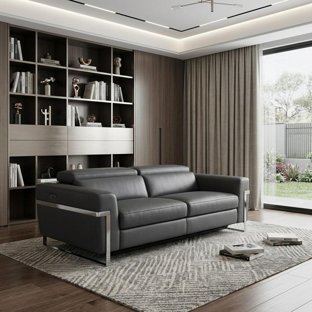 83" Dark Gray Italian Leather USB Reclining Sofa With Silver Legs HomeRoots
