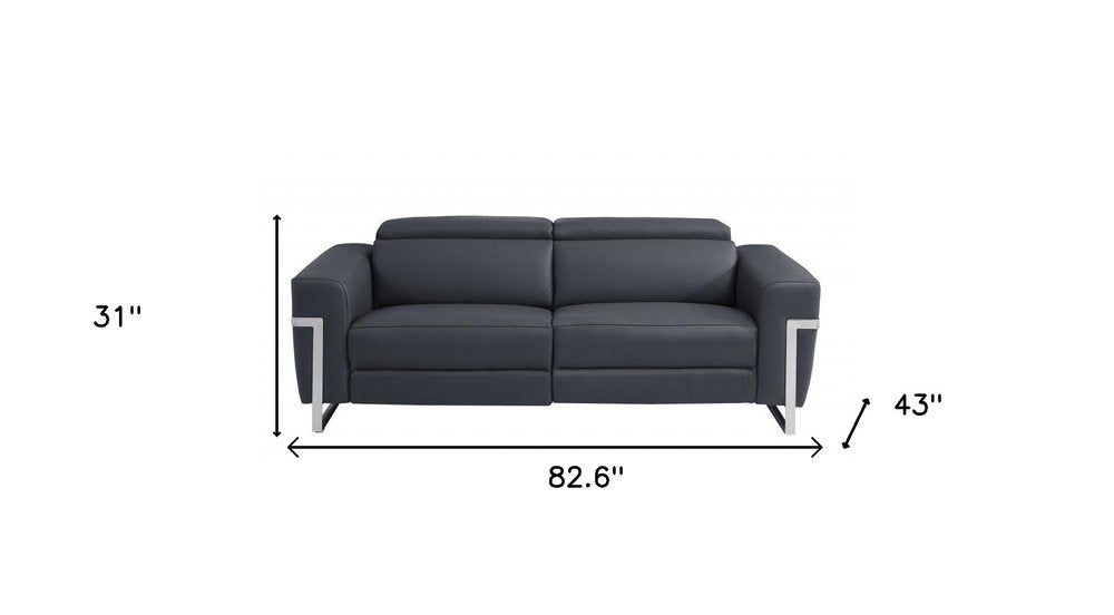 83" Dark Gray Italian Leather USB Reclining Sofa With Silver Legs HomeRoots