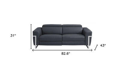 83" Dark Gray Italian Leather USB Reclining Sofa With Silver Legs HomeRoots