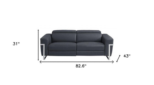 83" Dark Gray Italian Leather USB Reclining Sofa With Silver Legs HomeRoots