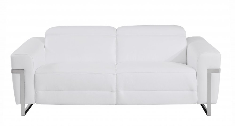 83" White Italian Leather USB Reclining Sofa With Chrome Legs HomeRoots