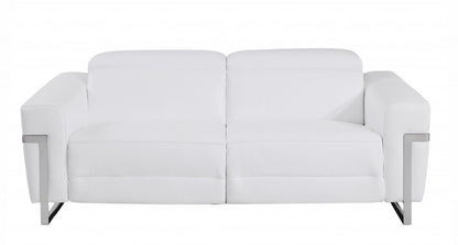 83" White Italian Leather USB Reclining Sofa With Chrome Legs HomeRoots