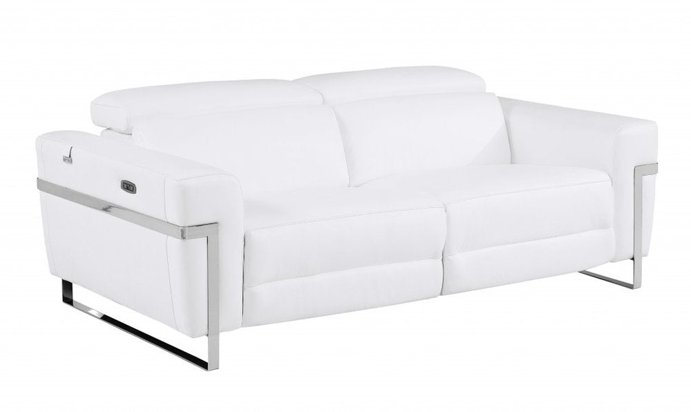 83" White Italian Leather USB Reclining Sofa With Chrome Legs HomeRoots