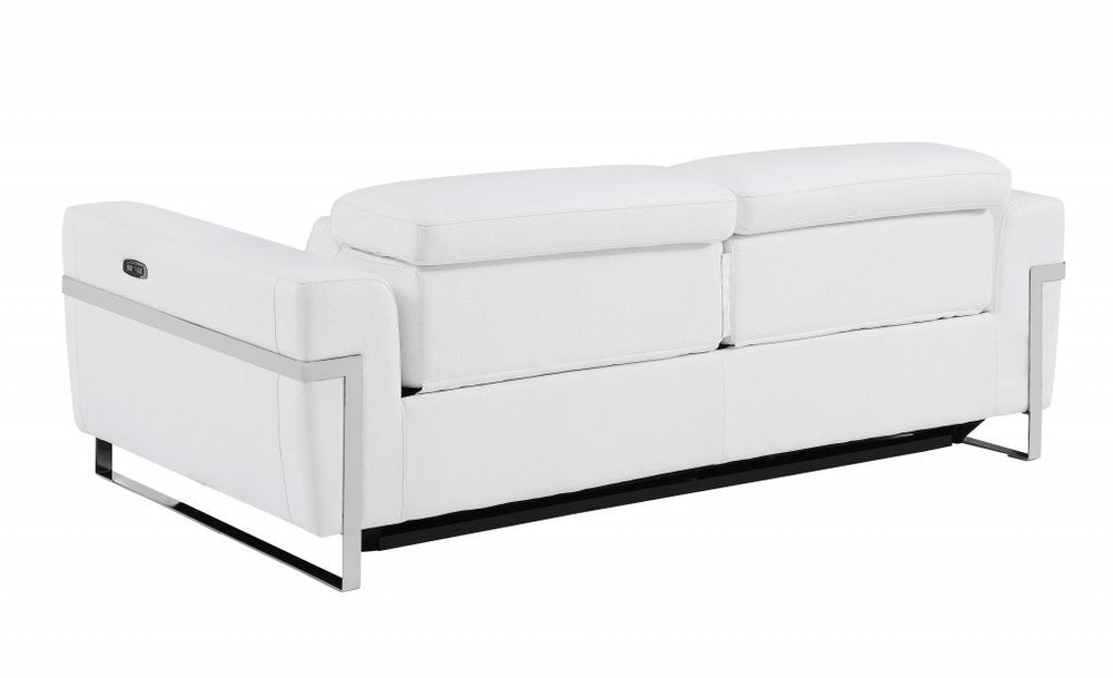 83" White Italian Leather USB Reclining Sofa With Chrome Legs HomeRoots