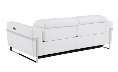 83" White Italian Leather USB Reclining Sofa With Chrome Legs HomeRoots