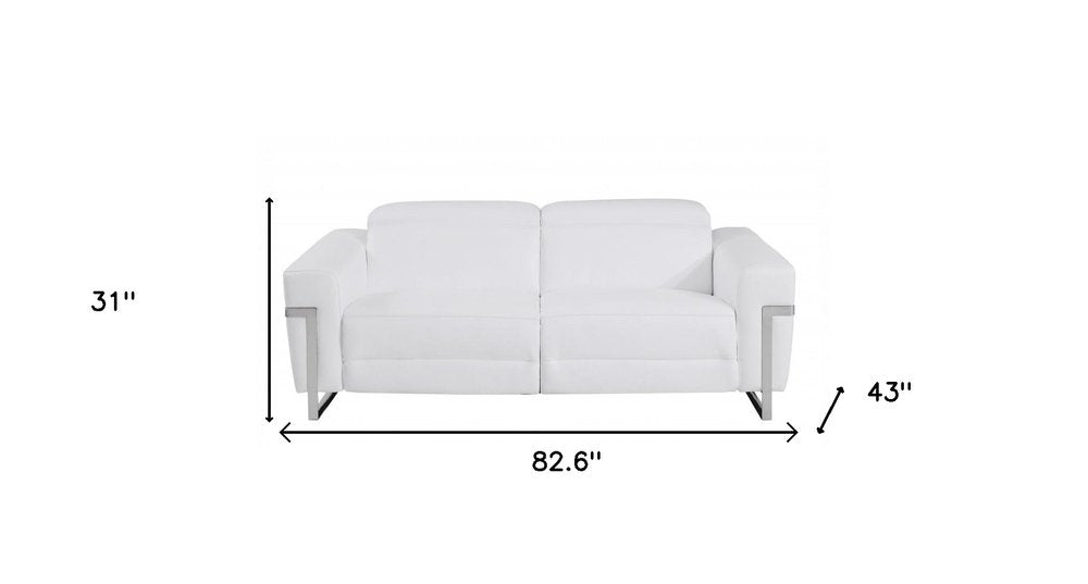83" White Italian Leather USB Reclining Sofa With Chrome Legs HomeRoots