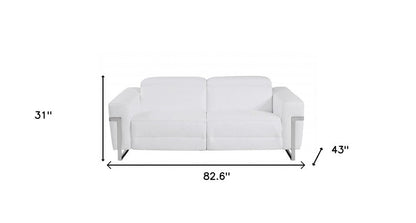 83" White Italian Leather USB Reclining Sofa With Chrome Legs HomeRoots