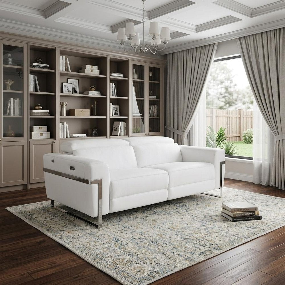 83" White Italian Leather USB Reclining Sofa With Chrome Legs HomeRoots