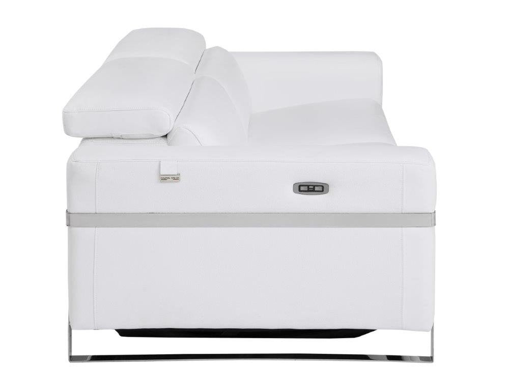 83" White Italian Leather USB Reclining Sofa With Chrome Legs HomeRoots