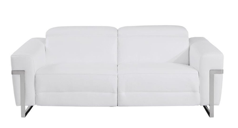 83" White Italian Leather USB Reclining Sofa With Chrome Legs HomeRoots