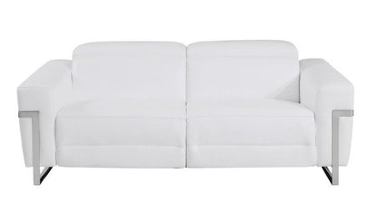 83" White Italian Leather USB Reclining Sofa With Chrome Legs HomeRoots